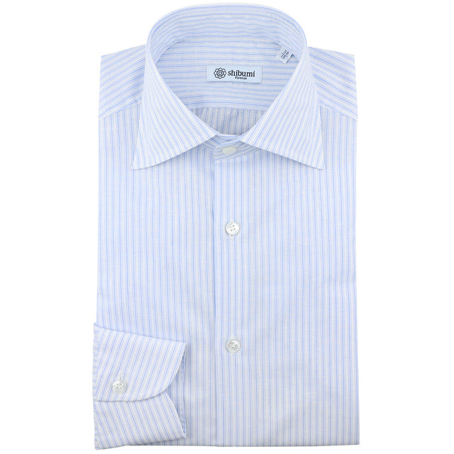 Cotton / Linen Semi Spread Shirt - White / Light Blue - Ticking Stripe
