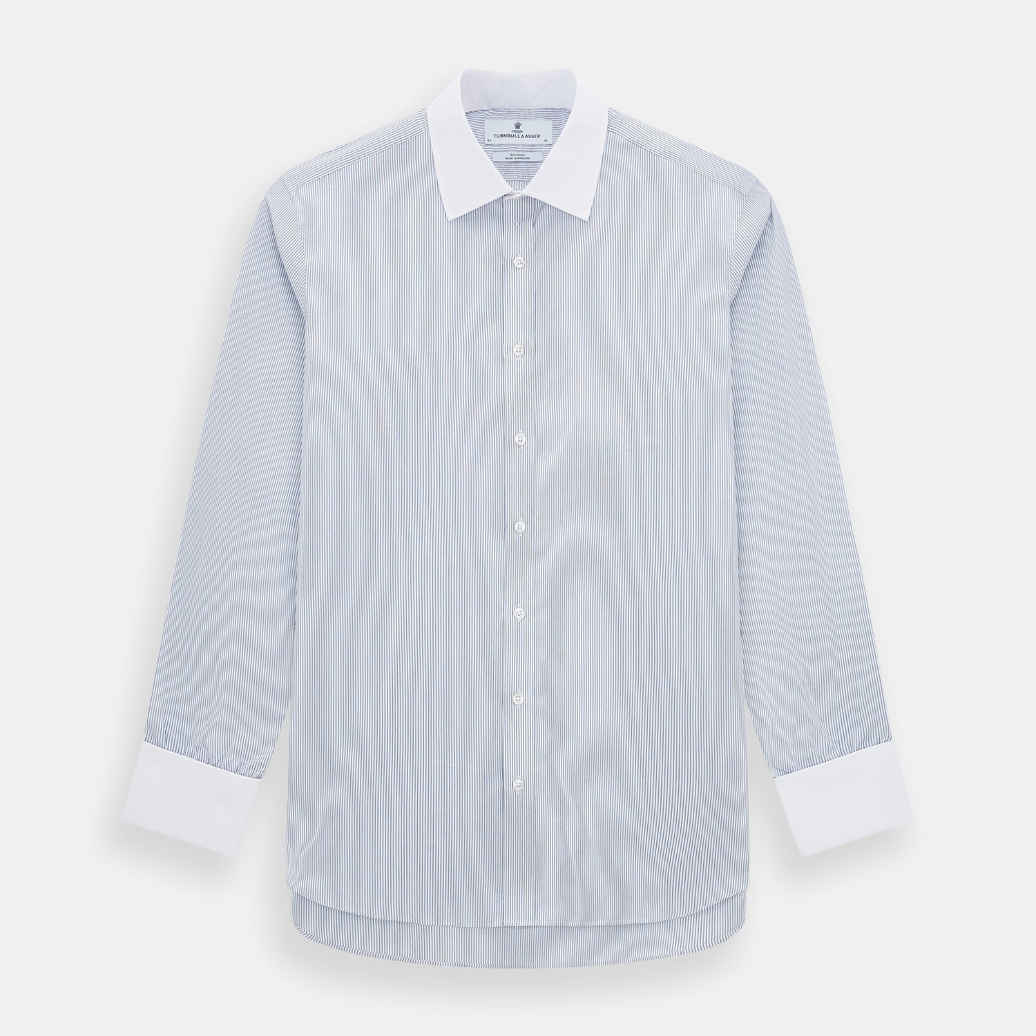 Navy and Blue Ticking Stripe Shirt with Contrast Collar and Double Cuffs