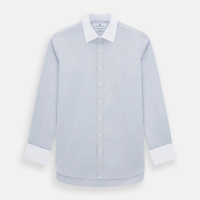 Navy and Blue Ticking Stripe Shirt with Contrast Collar and Double Cuffs