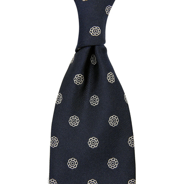 Shibumi-Flower Jacquard Silk Tie - Navy - Hand-Rolled