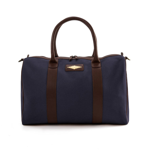 Varon Small Travel Bag - Brown Leather and Navy Canvas