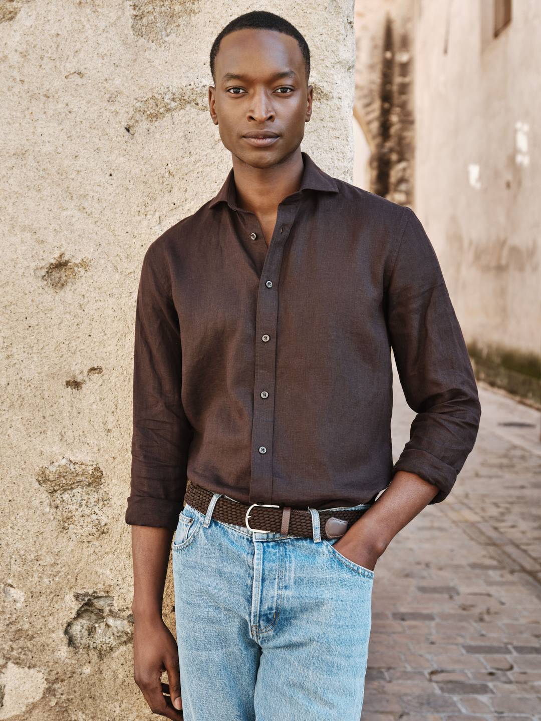 Dark Brown Cut Away Linen Shirt Slim Fit