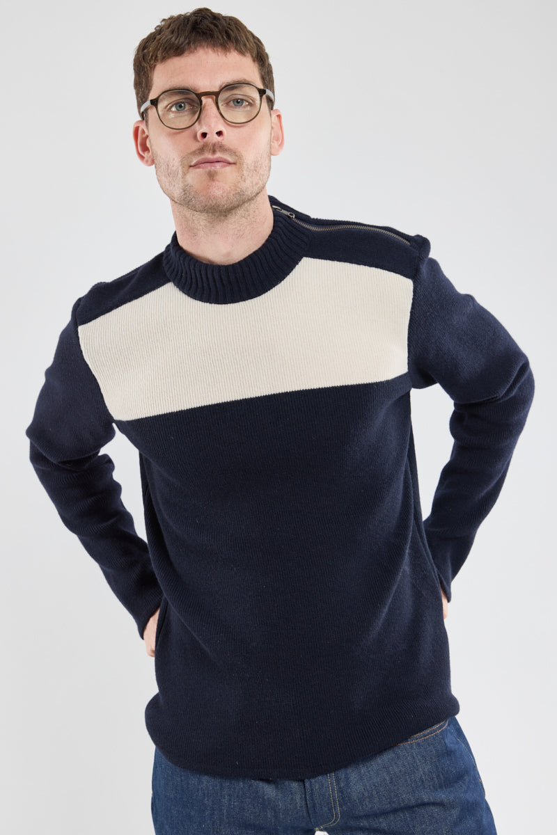 Pull marin zippé - laine et polyamide