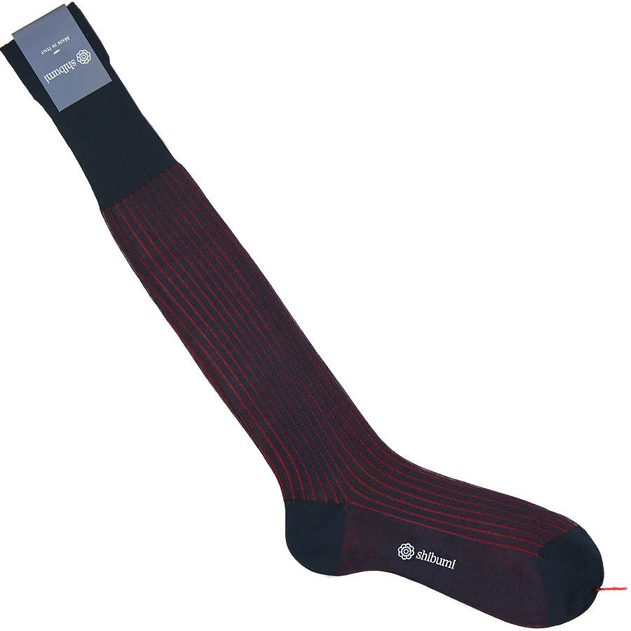 Knee Socks Shadow Stripes Navy Red Pure Cotton