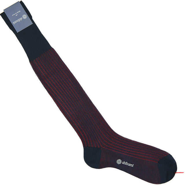 Knee Socks - Shadow Stripes - Navy / Red - Pure Cotton