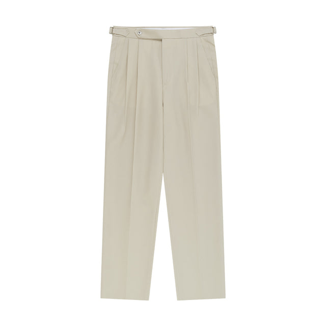 Essential Wool Gabardine Adjust Twill 2-Pleated Relaxed Trousers (Beige)