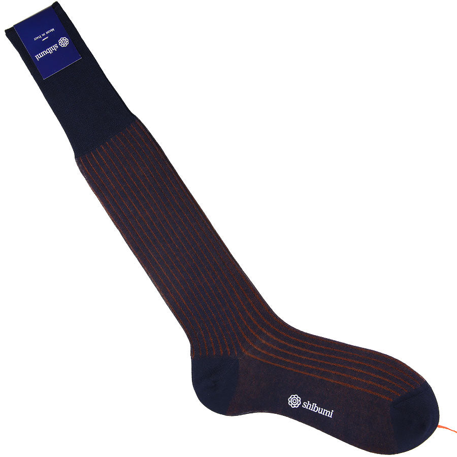 Knee Socks Shadow Stripes Navy Brown Pure Cotton