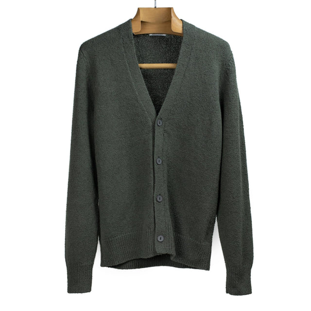 Classic cardigan in olive green cotton boucle