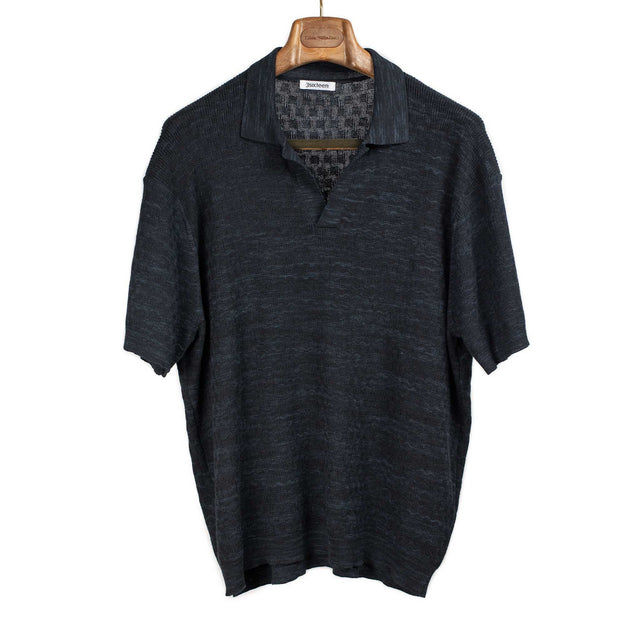 Short sleeve knit skipper polo in vintage black boxweave pima cotton