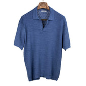 Short sleeve knit skipper polo in vintage blue boxweave pima cotton
