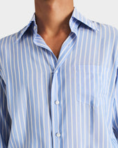Chemise Col Large En Popeline De Soie Rayures Boucher Bleue Et Blanche