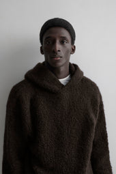 Hoodie sweater in cashmere-alpaca-silk bouclè yarn. Brown - Moro