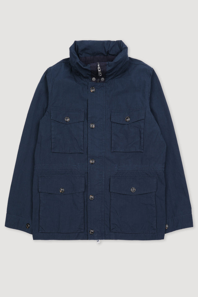 Concealed hood field Jacket in water repellent cotton-nylon fabric. Unlined - Navy blue