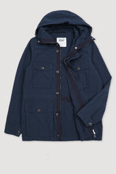 Concealed hood field Jacket in water repellent cotton-nylon fabric. Unlined - Navy blue