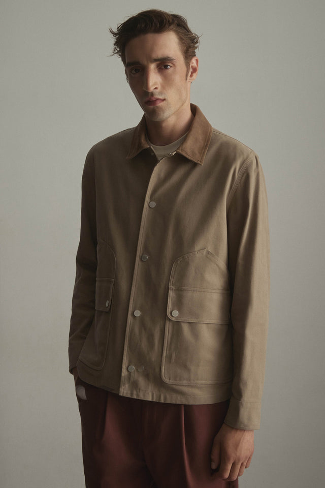 Unlined work Jacket in cotton canvas with suede collar. Beige - Coloniale