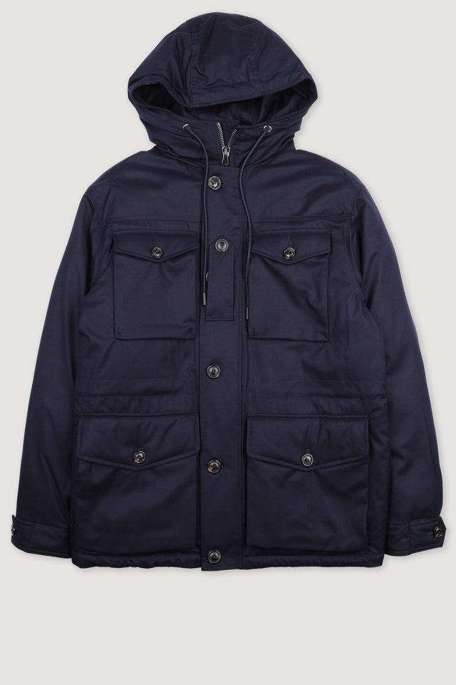 Down padded field jacket in a 2 two layer virgin wool flannel fabric, Blue - Navy