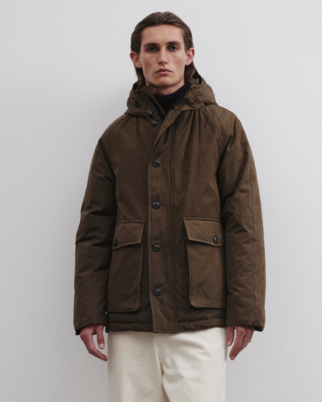 Down Padded Hooded Jacket In A Water Repellent Cotton Blend Fabric Green Testuggine