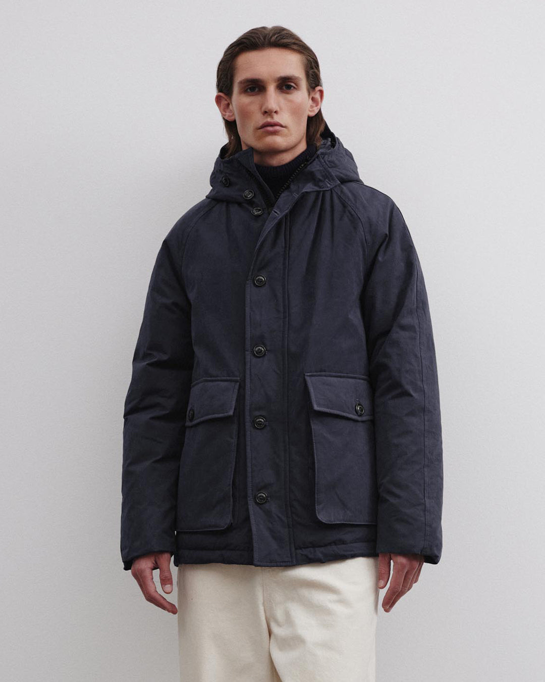 Down Padded Hooded Jacket In A Water Repellent Cotton Blend Fabric Blue