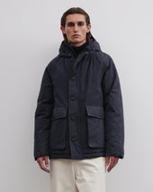 Down padded hooded jacket in a water repellent cotton blend fabric. Blue - Navy