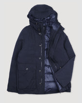 Down padded hooded jacket in a water repellent cotton blend fabric. Blue - Navy