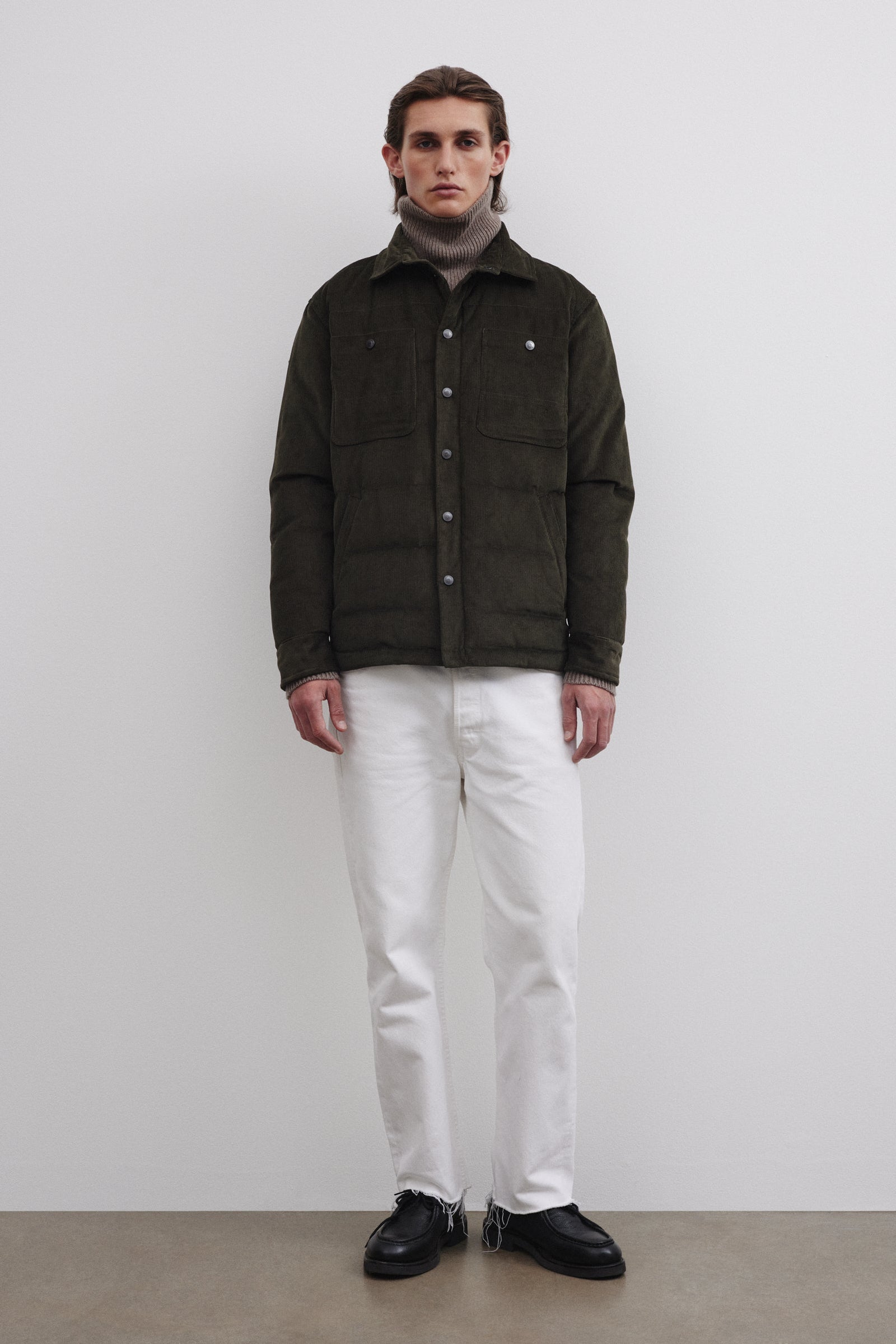 Matt Goose Down Padded Overshirt In Cotton Corduroy Green Frantoio