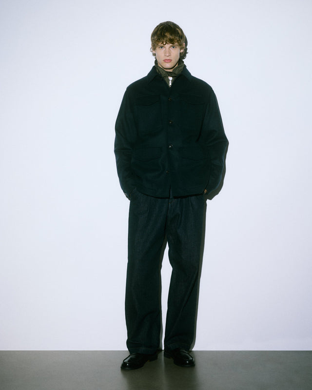 Demetry field jacket in wool blend jersey felt with detachable quilted gilet. Blue - Navy/Military green