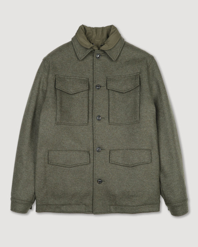 Demetry field jacket in wool blend jersey felt with detachable quilted gilet. Green - Military green