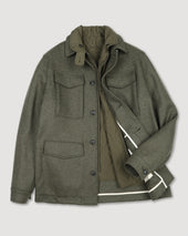 Demetry field jacket in wool blend jersey felt with detachable quilted gilet. Green - Military green