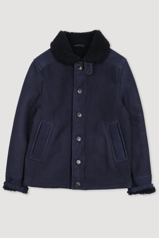 Deck jacket in shearling suede. - Dark blue