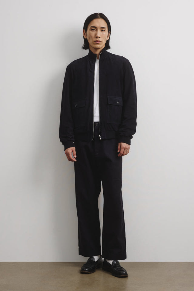 Reversible Zip jacket in suede leather and water repellent fabric - Dark blue