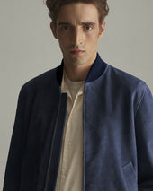Unlined bomber Jacket in suede leather. Blue - Aquarium