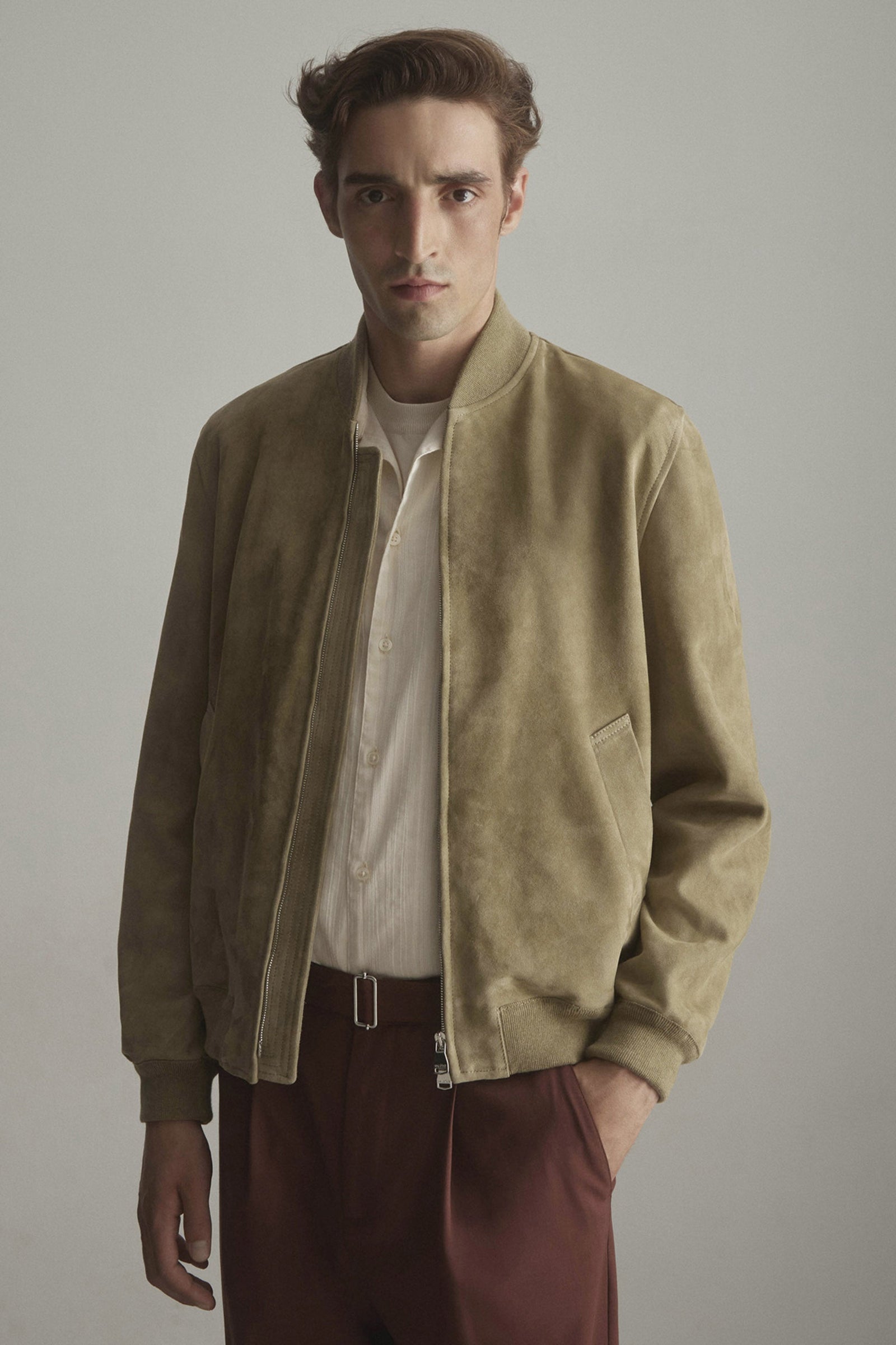 Unlined Bomber Jacket In Suede Leather Beige Cumino