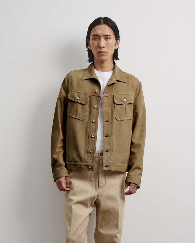 Davis Unlined Trucker Jacket In Suede Leather Green Soldier