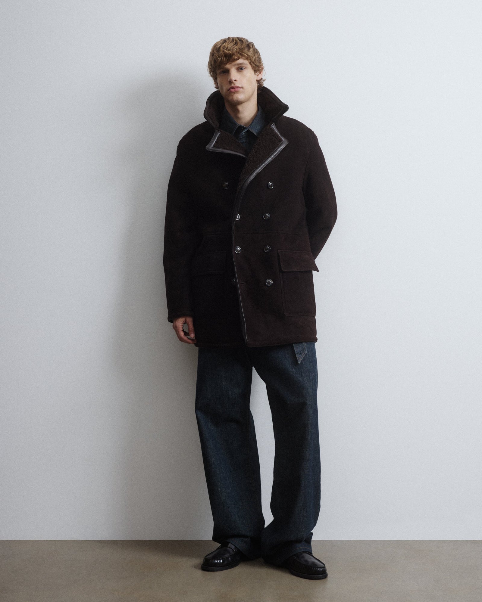 Benjamin Shearling Suede Double Breasted Peacoat Caff