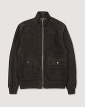 Reversible zip jacket in suede leather and waterproof fabric. Brown - Ebano/Military