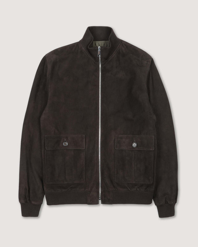 Reversible zip jacket in suede leather and waterproof fabric. Brown - Ebano/Military