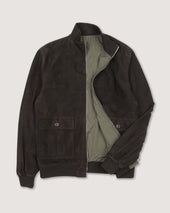 Reversible zip jacket in suede leather and waterproof fabric. Brown - Ebano/Military