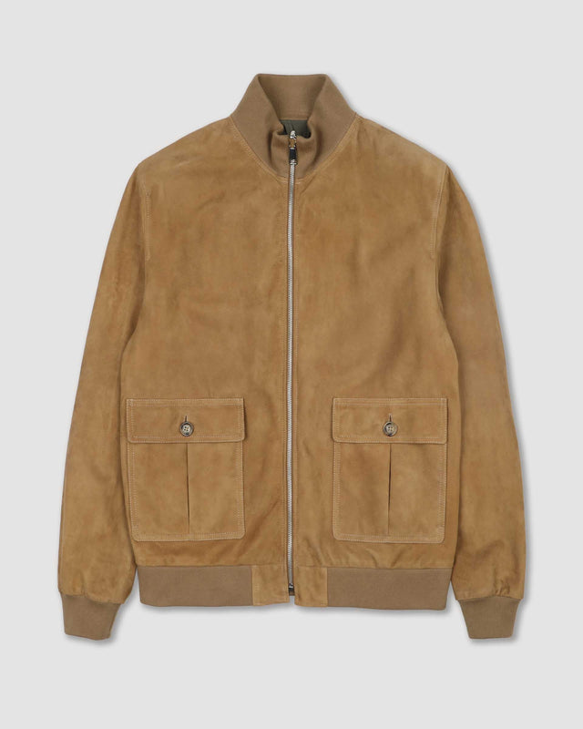 Reversible zip jacket in suede leather and waterproof fabric. Beige - Arachide/Military