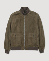 Reversible zip jacket in suede leather and waterproof fabric. Green - Muschio/Military