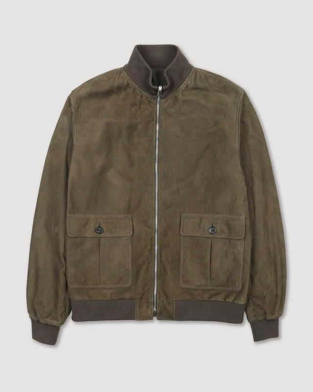 Reversible zip jacket in suede leather and waterproof fabric. Green - Muschio/Military