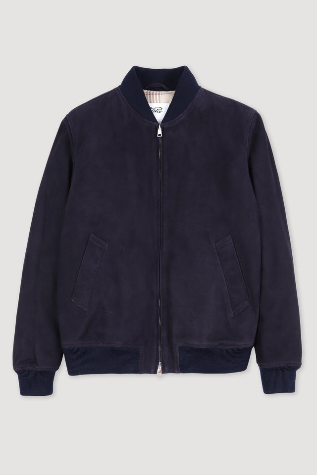 Padded bomber jacket in suede leather. Blue - Dark blue
