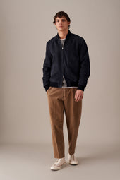 Padded bomber jacket in suede leather. Blue - Dark blue
