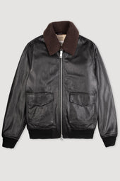 Padded nappa leather flight jacket with detachable shearling collar - Black