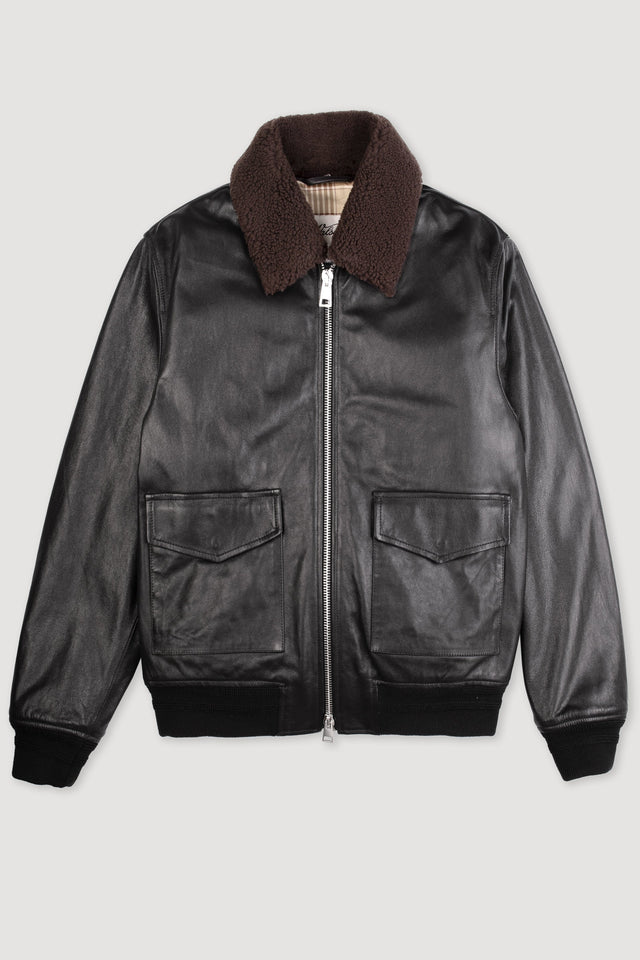 Padded nappa leather flight jacket with detachable shearling collar - Black