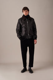 Padded nappa leather flight jacket with detachable shearling collar - Black