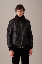 Padded nappa leather flight jacket with detachable shearling collar - Black