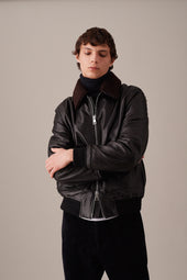 Padded nappa leather flight jacket with detachable shearling collar - Black