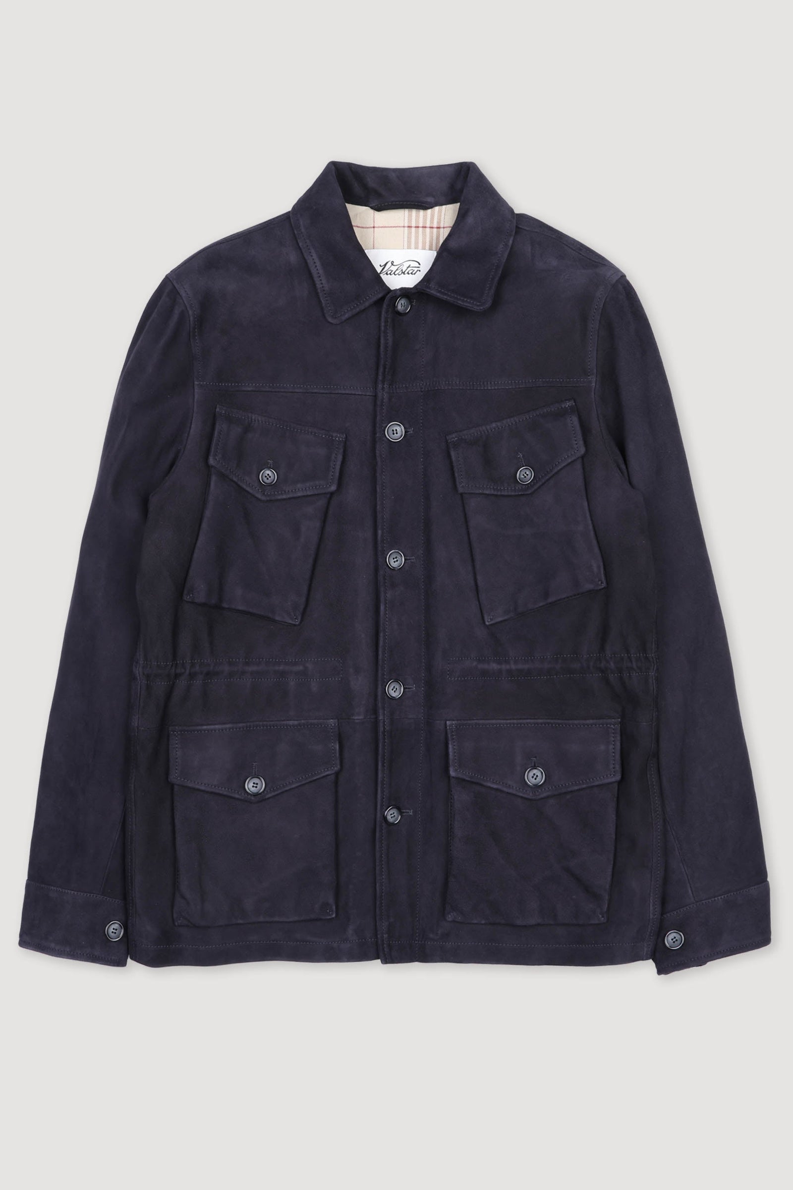 Padded Field Jacket In Suede Leather Dark Blue