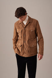 Padded field jacket in suede leather. Beige - Arachide