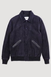 Padded Varsity jacket in suede with nappa leather details. - Dark blue